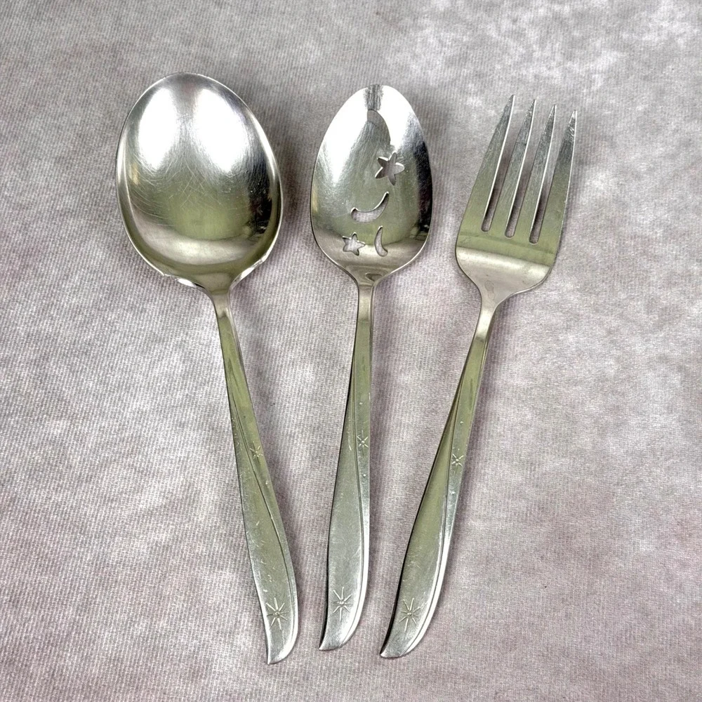 Oneida Community Stainless Twin Star Serving Slotted Spoon Ladle Fork 3 pc Set